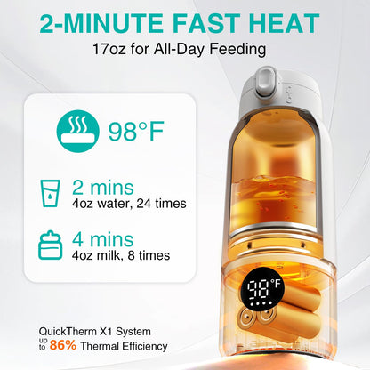 Portable Bottle Warmer for Baby – 17oz, Fast Heat in 2 Minutes, 20-Hour Battery Life